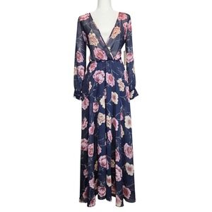 Indigo Rose Sheer Dark Floral Maxi Dress Wrap Boho Long Sleeve Womens Small NWT